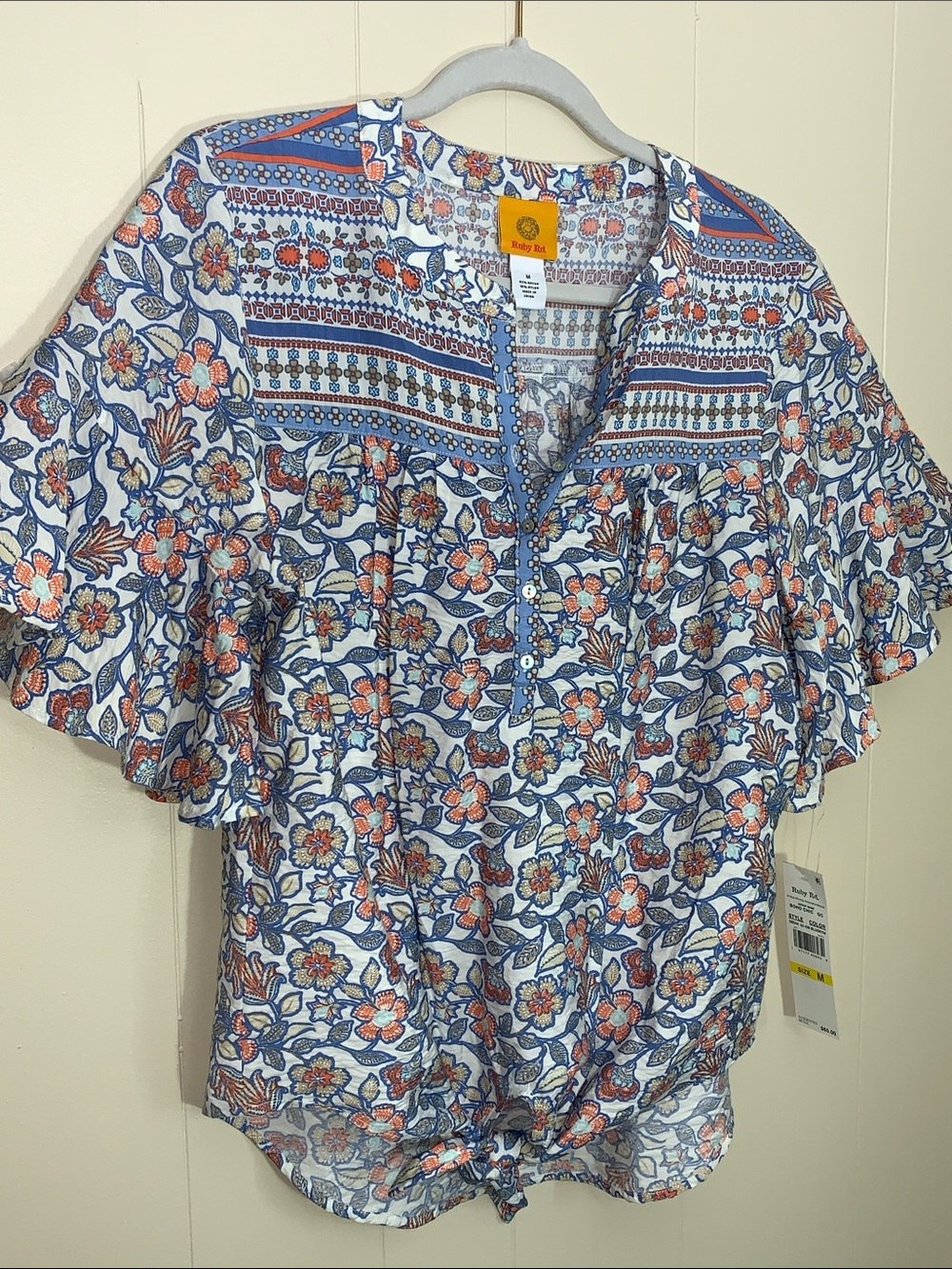 Ruby Rd. Blue and Coral Floral Tie-Front Peasant Top